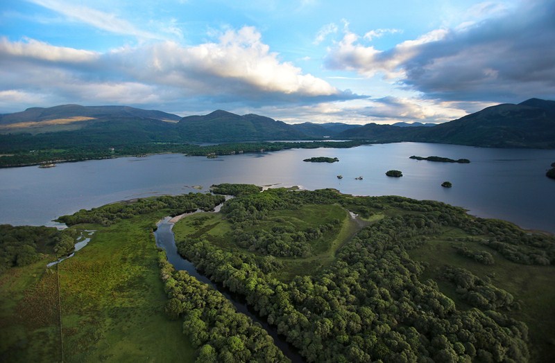 An overview image of a grassy tree lined area in Killarney. Bordering the area is an expansive river with mountains in the distance.