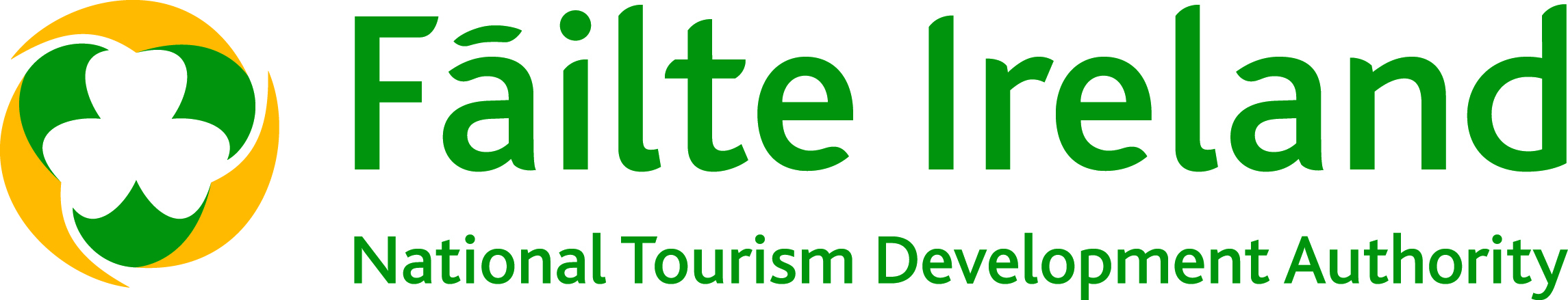 Image of a white 3-leaf clover next to text that reads, “Failte Ireland, National Tourism Development Authority”.